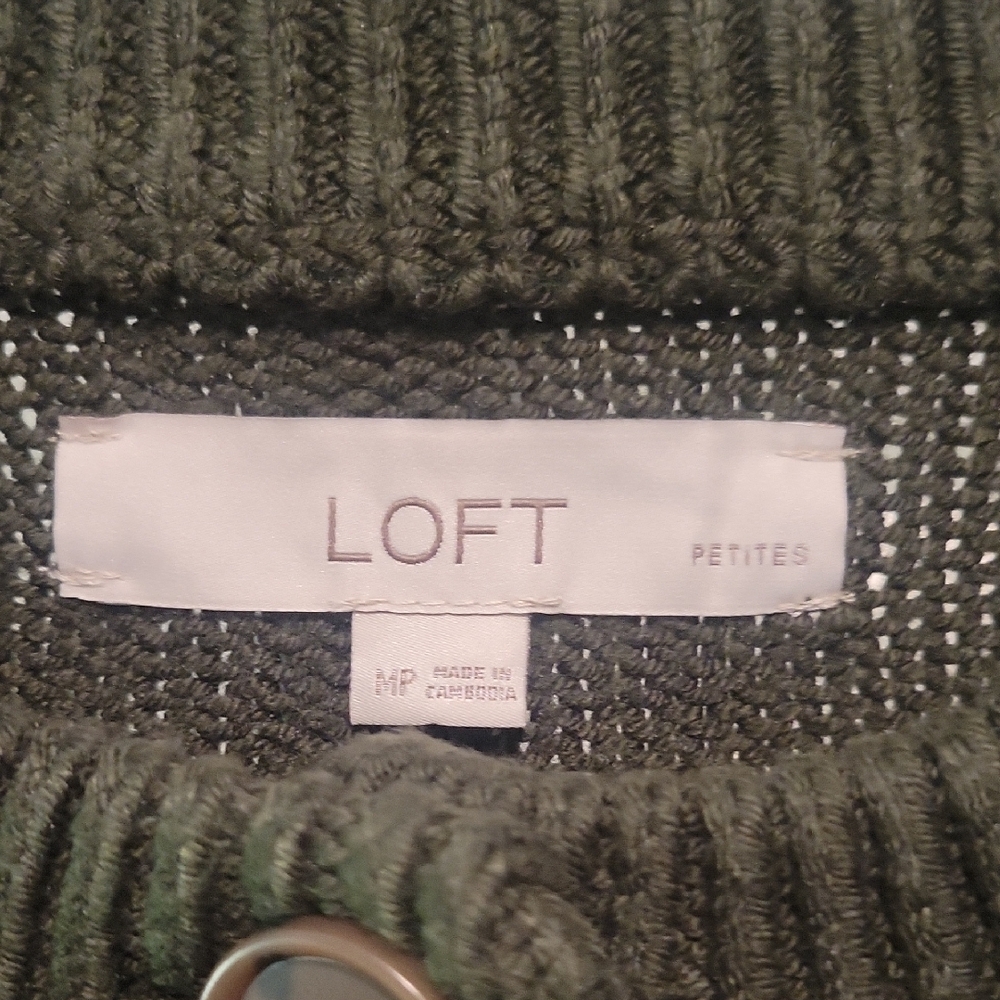 LOFT Olive Green Button-Front Crewneck Cardigan - Picture 2 of 11